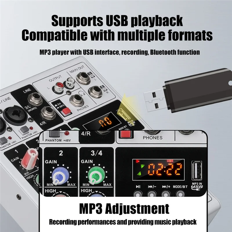 JABS-XLR Bluetooth 48 В фантомный аудиомикшер 4 канала портативный DJ караоке микшерная консоль для ПК MP3 запись EU PLUG
