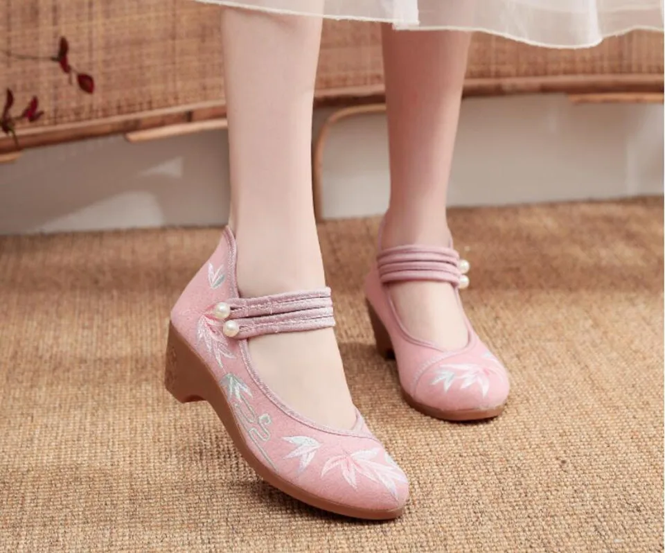 Women Ankle Button Strap Pumps Ethnic Embroidery Mary Jane Dress Shoes Mid Heel Cotton Fabric Espadrilles Vintage Sandals