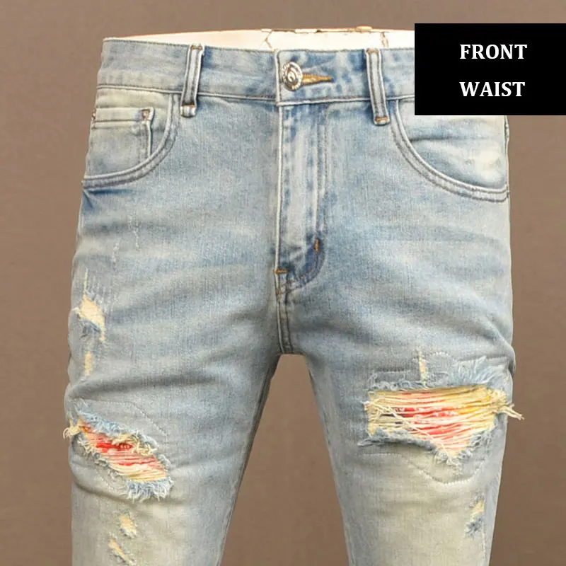 Street Fashion Men Jeans Retro Light Blue Stretch Skinny Fit Ripped Jeans Men Patched Designer Hip Hop Denim Pencil Pants Hombre