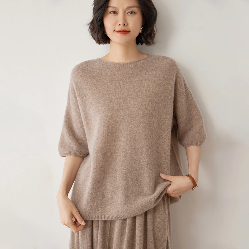 New 100% Cashmere Sweater Women\'s Large Round Neck Short Sleeve Casual Fashion Versatile Sweater