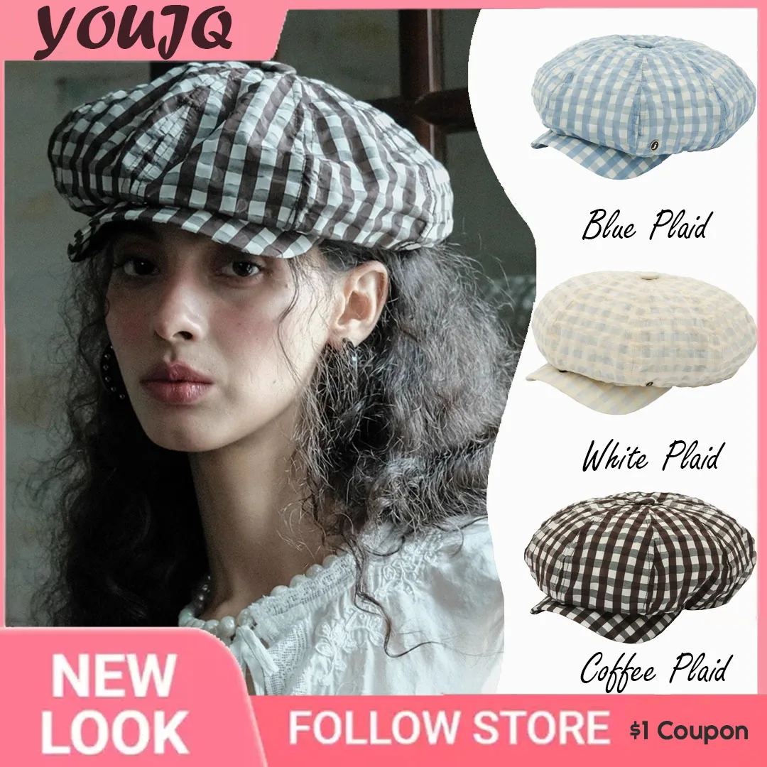 

Italy Harajuku Retro Checkered Berets for Women Men Y2K Summer Sunscreen Versatile Show Face Small Forward Hat Boinas Para Mujer