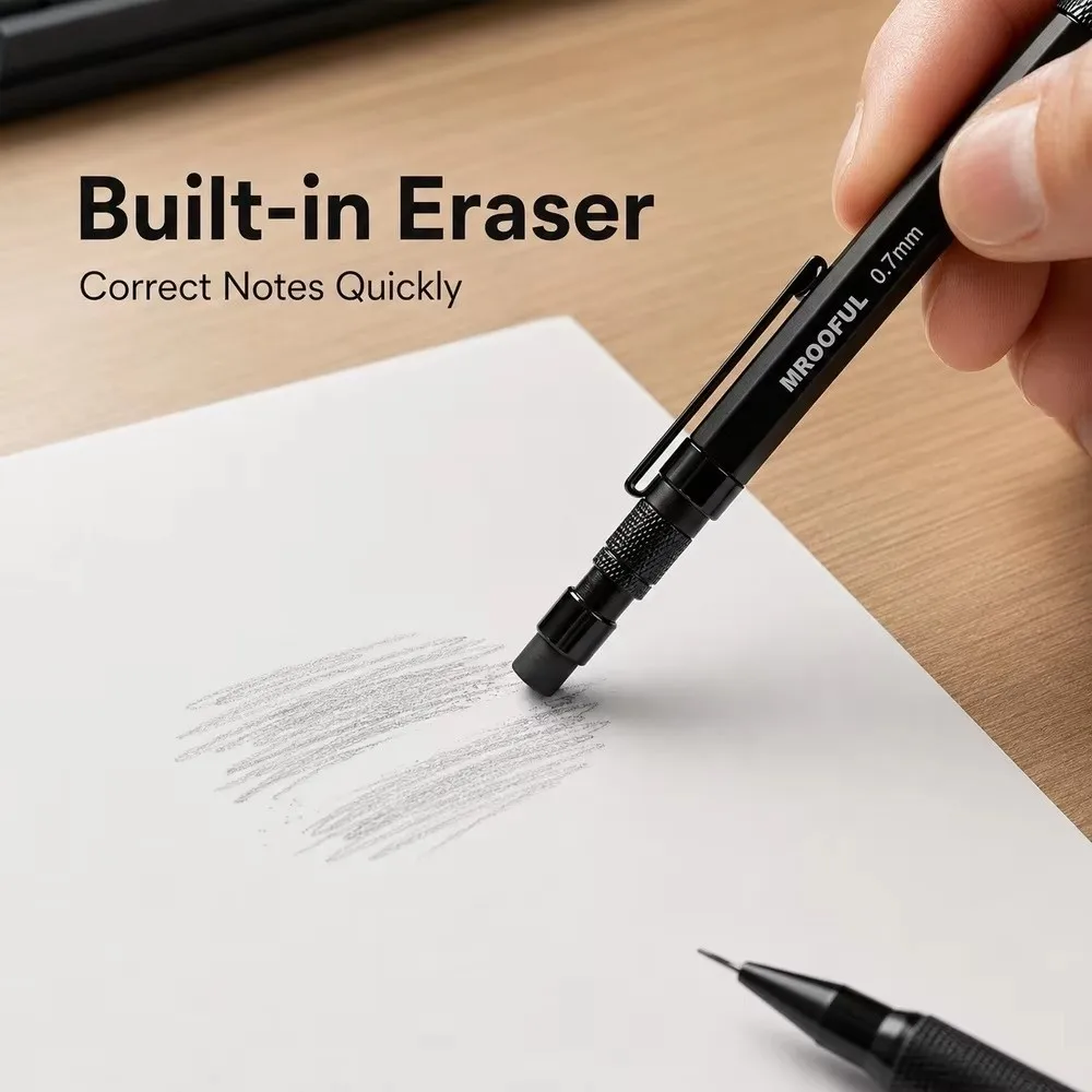 Metal Mechanical Pencil Low Center of Gravity with Built-in Eraser Automatic Pencils 0.5/0.7/0.9/1.3mm Sketching Pencil Gift