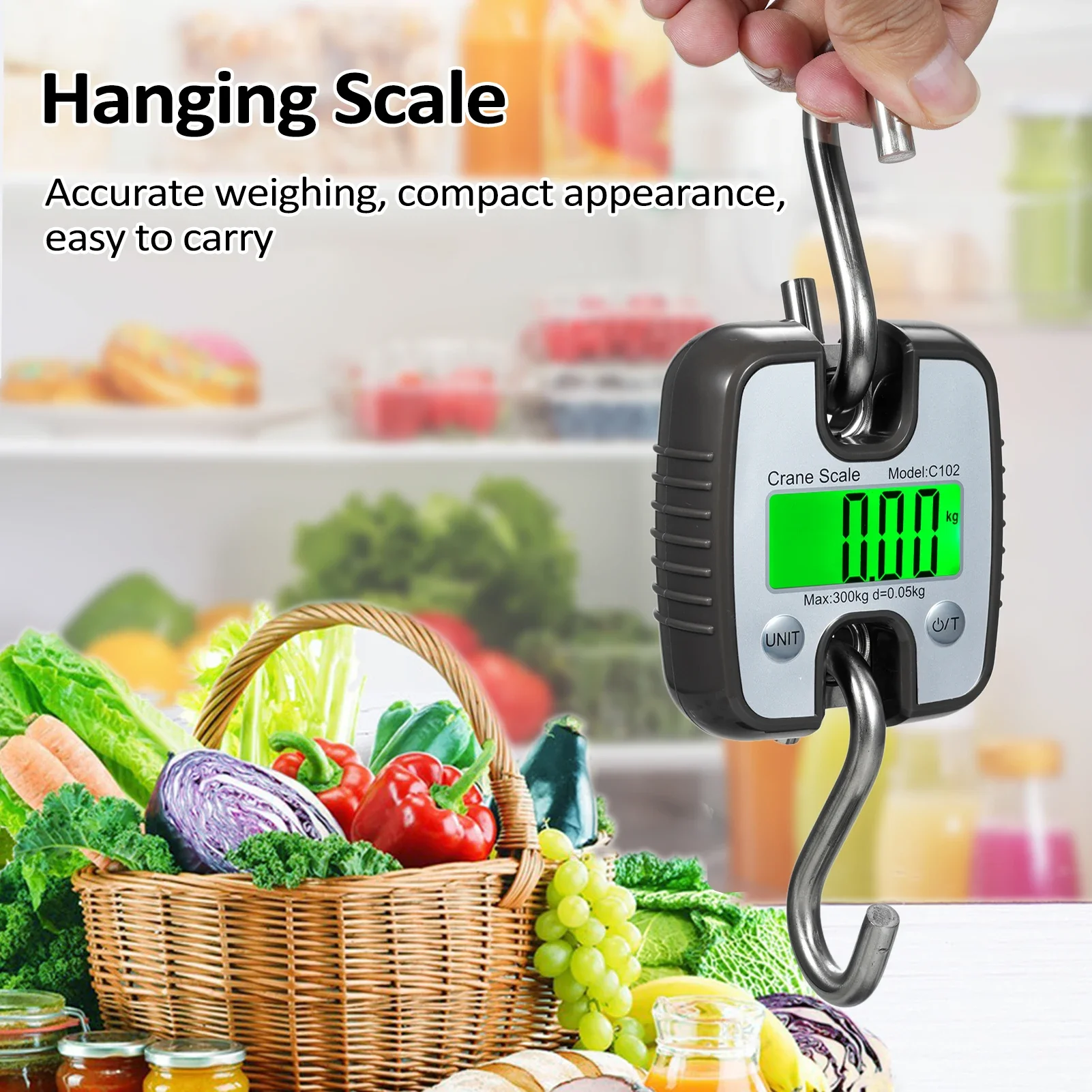 

300kg Mini Digital Crane Scale Hanging High Precision Handheld S-Shaped Barb with LCD Display 3 Units Conversion