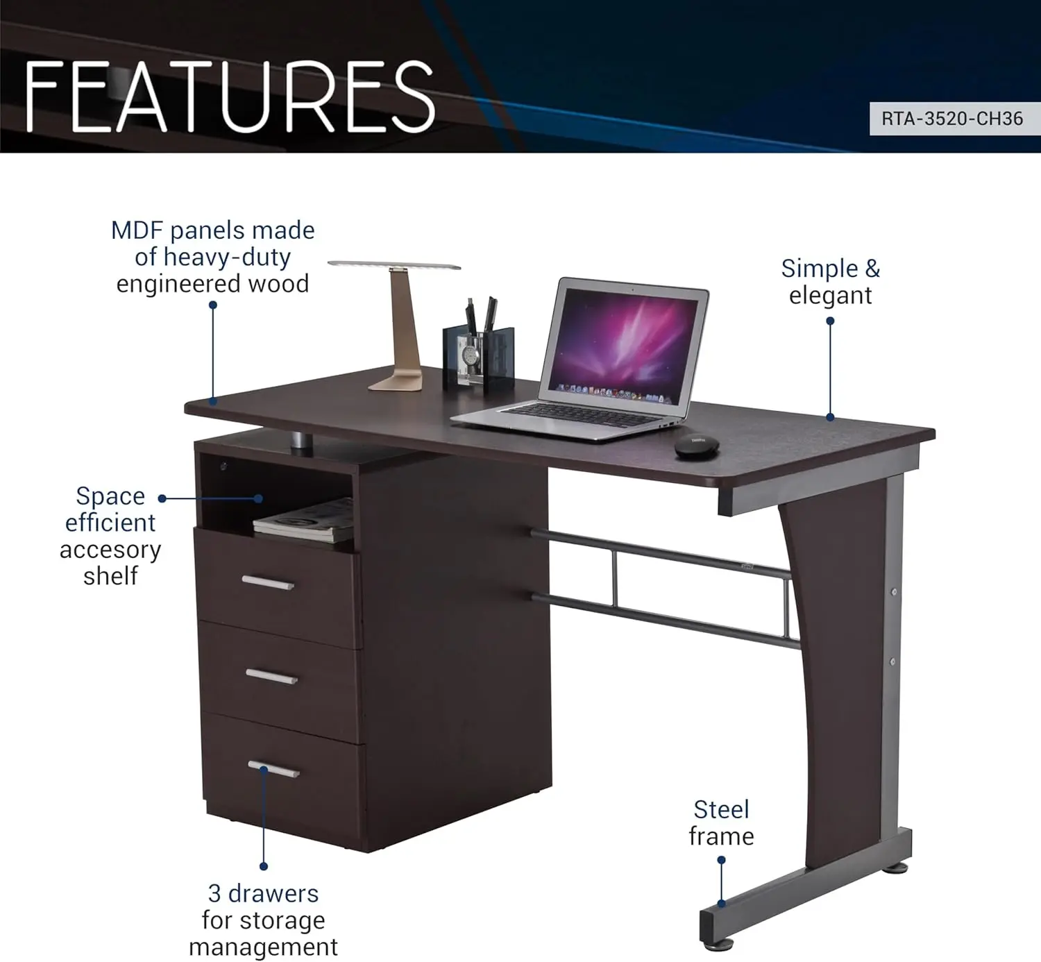 48 In Computer Desk With Drawers – Home Office Desks With Storage – Heavy-Duty And Moisture-Repellant With Storage Drawers