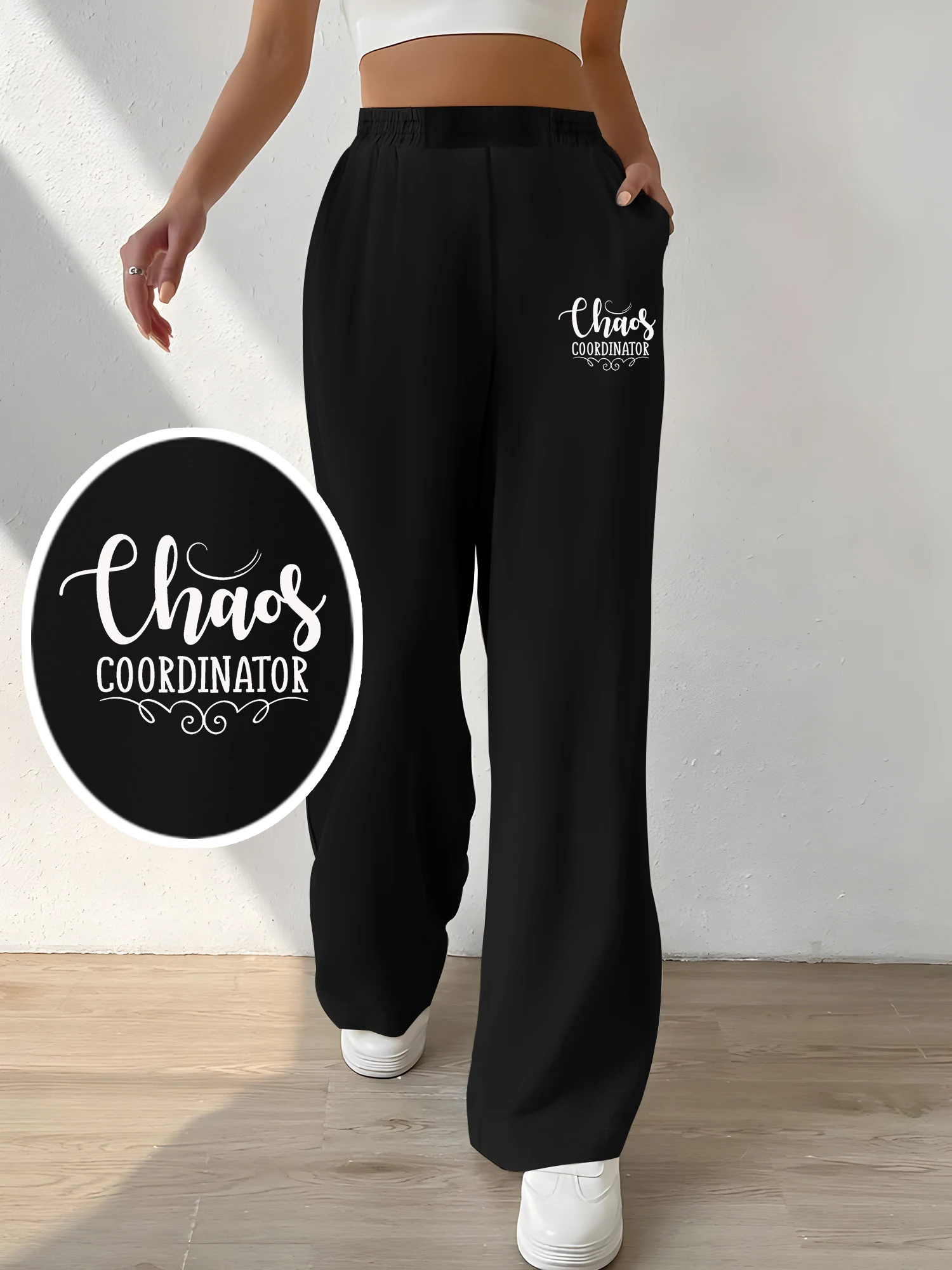 

Women's "Chaos Coordinator" Letter Print High Waist Wide Leg Sweatpants, Casual Elastic Waist Black Streetwear Trousers