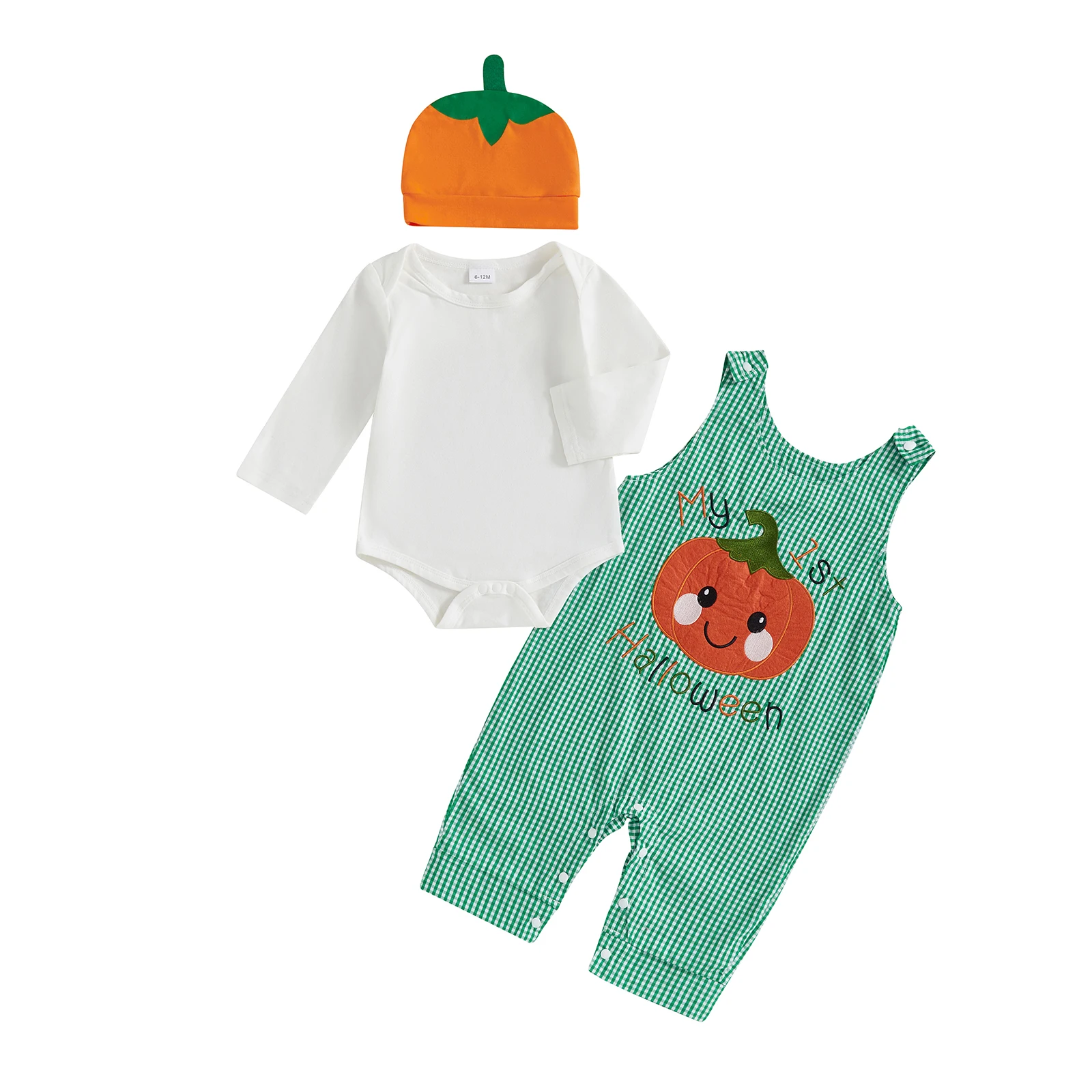 

Halloween Baby Boy Clothes, Long Sleeve Romper with Plaid Embroidery Pumpkin Overalls and Hat