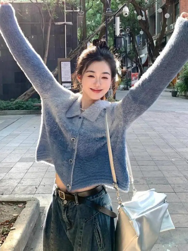 

Autumn Winter New Blue Gradient Patchwork Ladies Long Sleeved Mink Sweater Women's Slim Versatile Single Breasted Short Knit Top