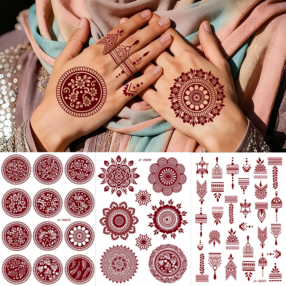 1pc Mandala Temporary Tattoo Sticker Brown Henna  Tattoo Stickers for Hand Fingers Flower Fake Tattoo for Women Hand Body Decal