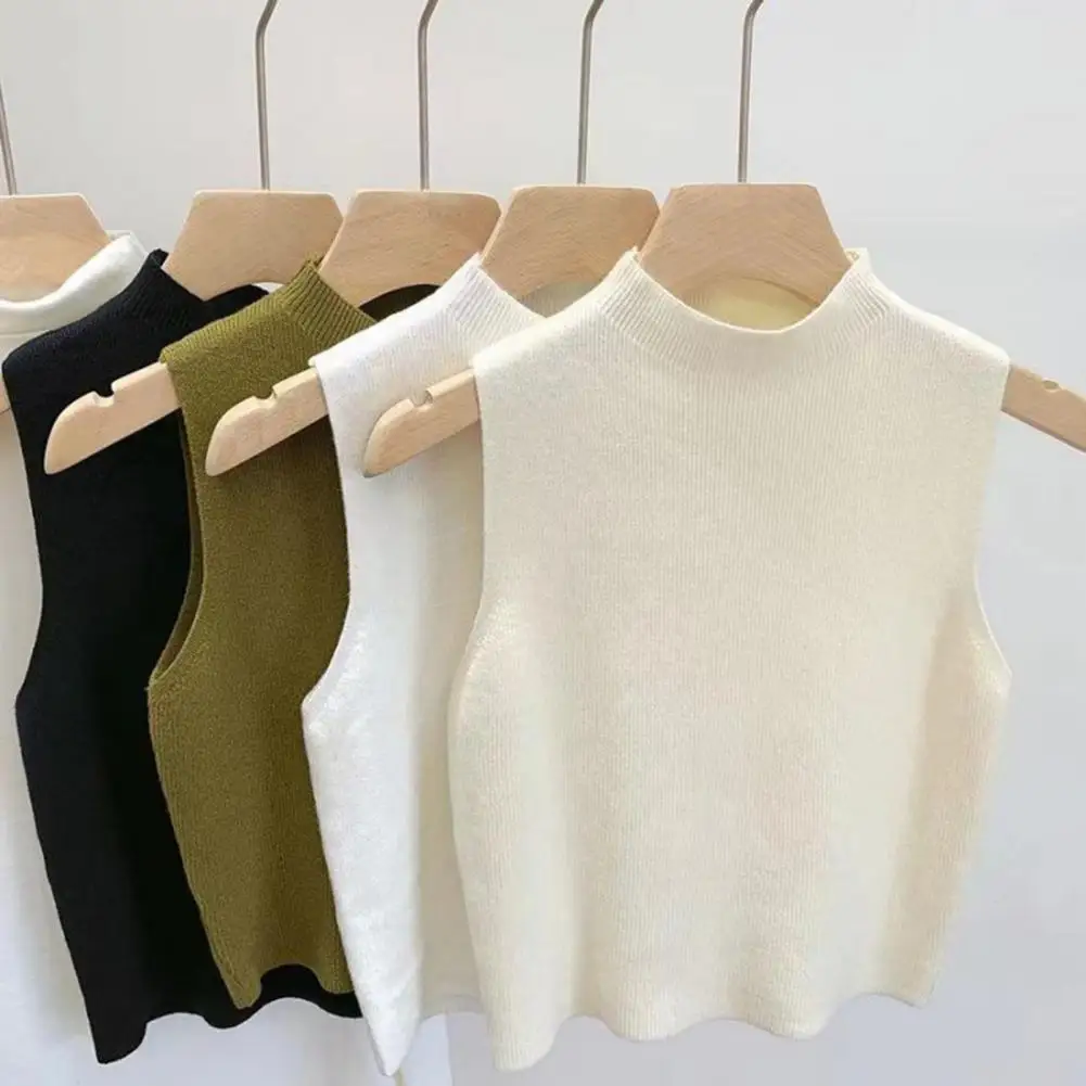 Women Knitted Vest Tops Half-High Collar Sleeveless Top Solid Stretchy Knit Blouse Commuting Sleeveless Knit Blouse TankTop