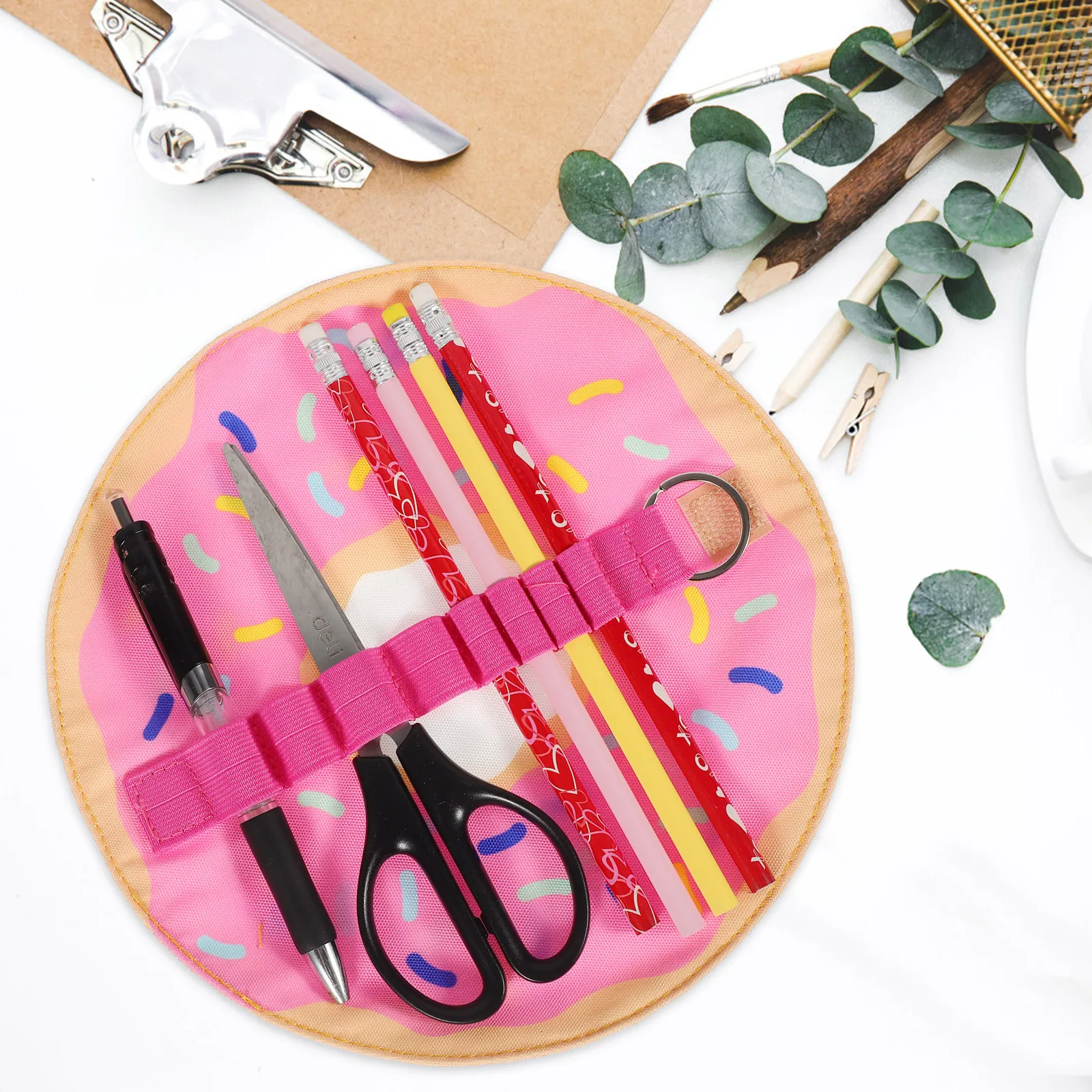 

Cute Donut Shaped Pencil Case Lightweight Canvas Roll Up Holder Perfect for School Supplies