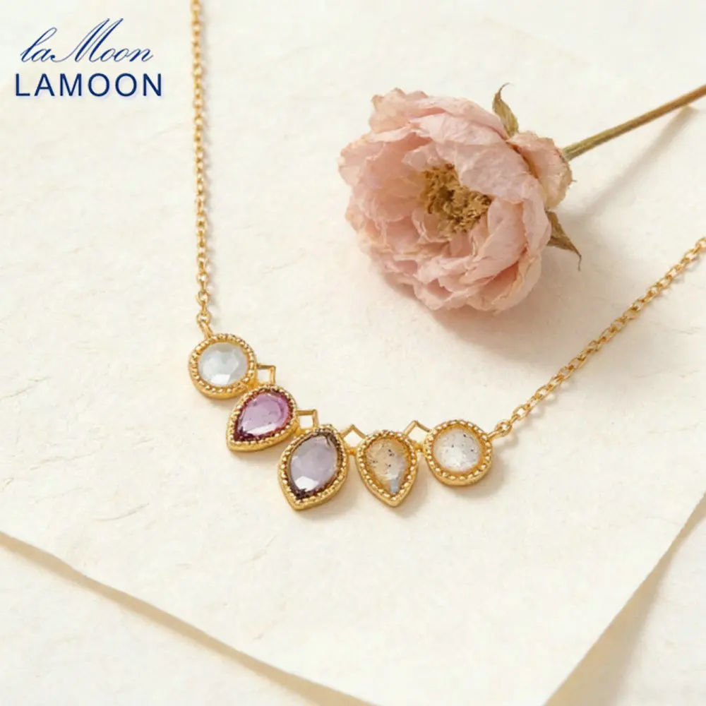 LAMOON Vintage Natural Cordierite Amethyst Topaz Gemstone Necklace For Women 925 Sterling Silver Gold Vermeil Fine Jewelry Gift