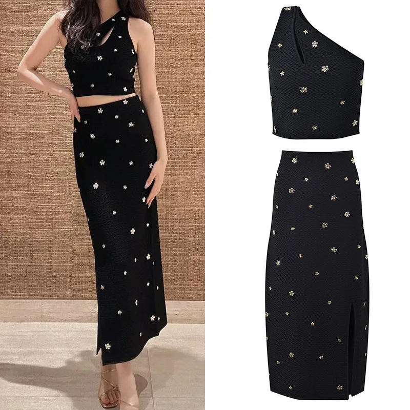 

Лето 2023, модный дизайн, чувственный жилет с ремешком на плечах и юбка с высокой талией и подвеской, женский комплект Faion En...