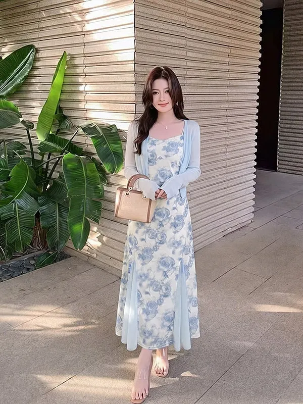 

Summer New Gentle Style Slimming Floral Print Halter Dress Cardigan Set Women's Fashion Two-Piece Suit Long Sleeve Midi Dress