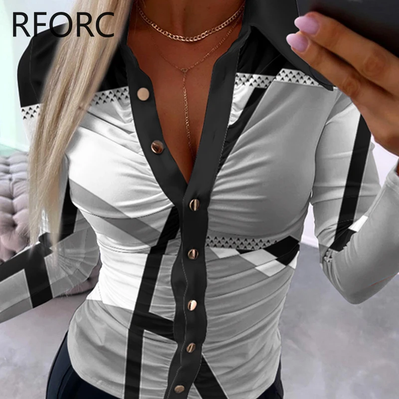 2024 Women Geo Print Turn Down Collar Button Decor Skinny Long Sleeves Working Blouse Top