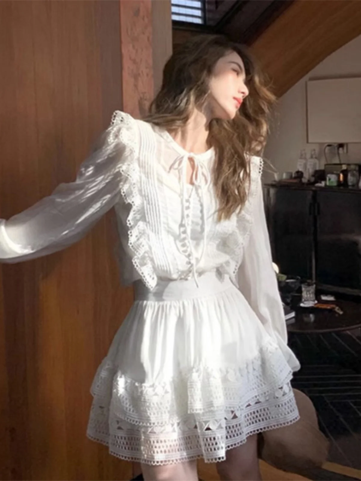 White Romantic Lantern Sve irt Women's Spring Autumn High Waist Lace f Skirt Long Sve Set Faionable Ensemble