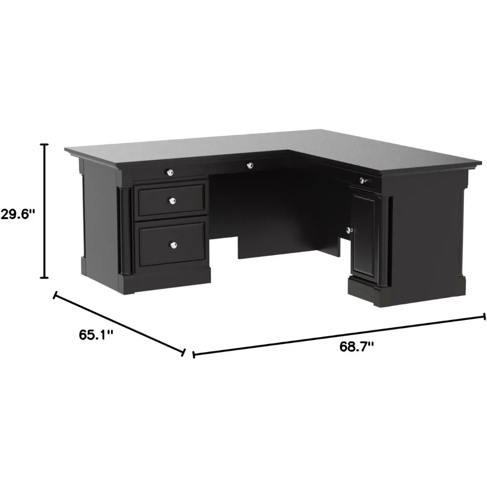 L-Shape Home Office Executive Desk with Large Drawers, Letter Size Hanging File Drawer and CPU Tower in Wind Oak Finish