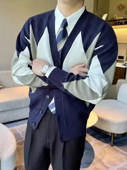 

Autumn Winter Men's Knitted Cardigan V-Ne Casual Diamond Pattern Busin Sweater Jaet Faionable Slim Fit Long Sve