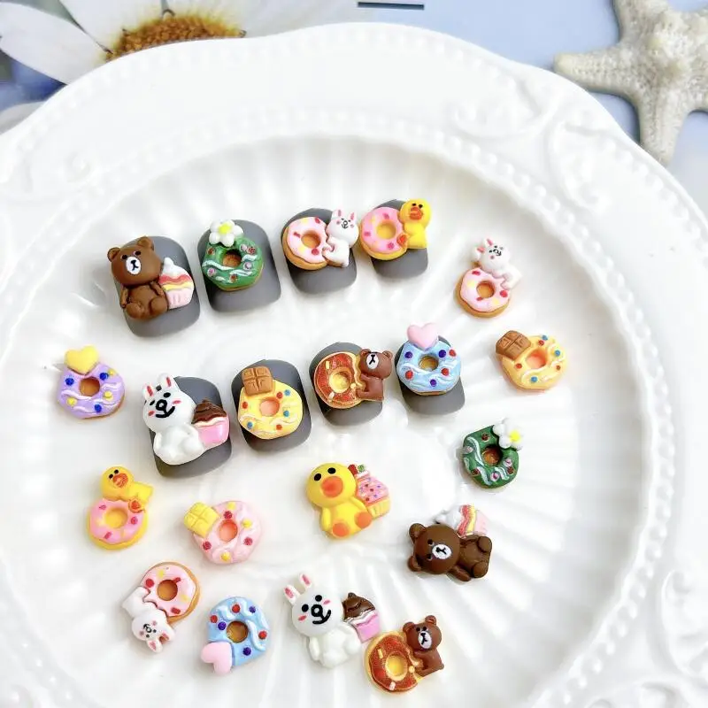 20PCS Cartoon Colored Donuts Resin Nail Art Decorations Painted Animal Cakes Desserts Nail Charms for Making DIY Manicure Crafts