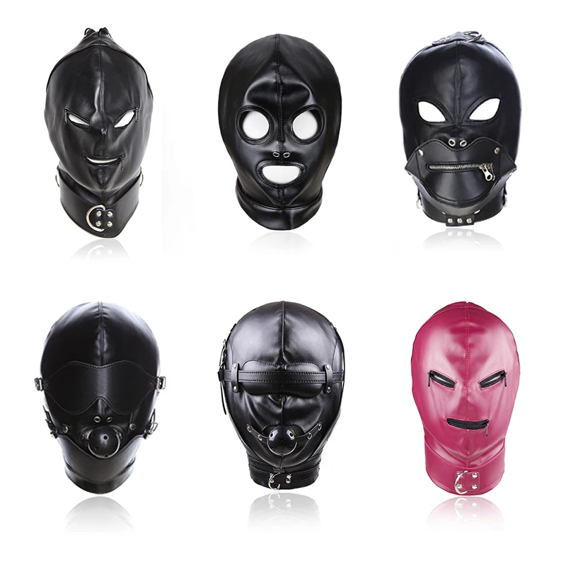 BDSM Sex Black Pu Leather Head Bondage Hood Mask Open Eye Mouth with Erotic Couple Flirting Toys Adjustable Mask Cosplay Harness