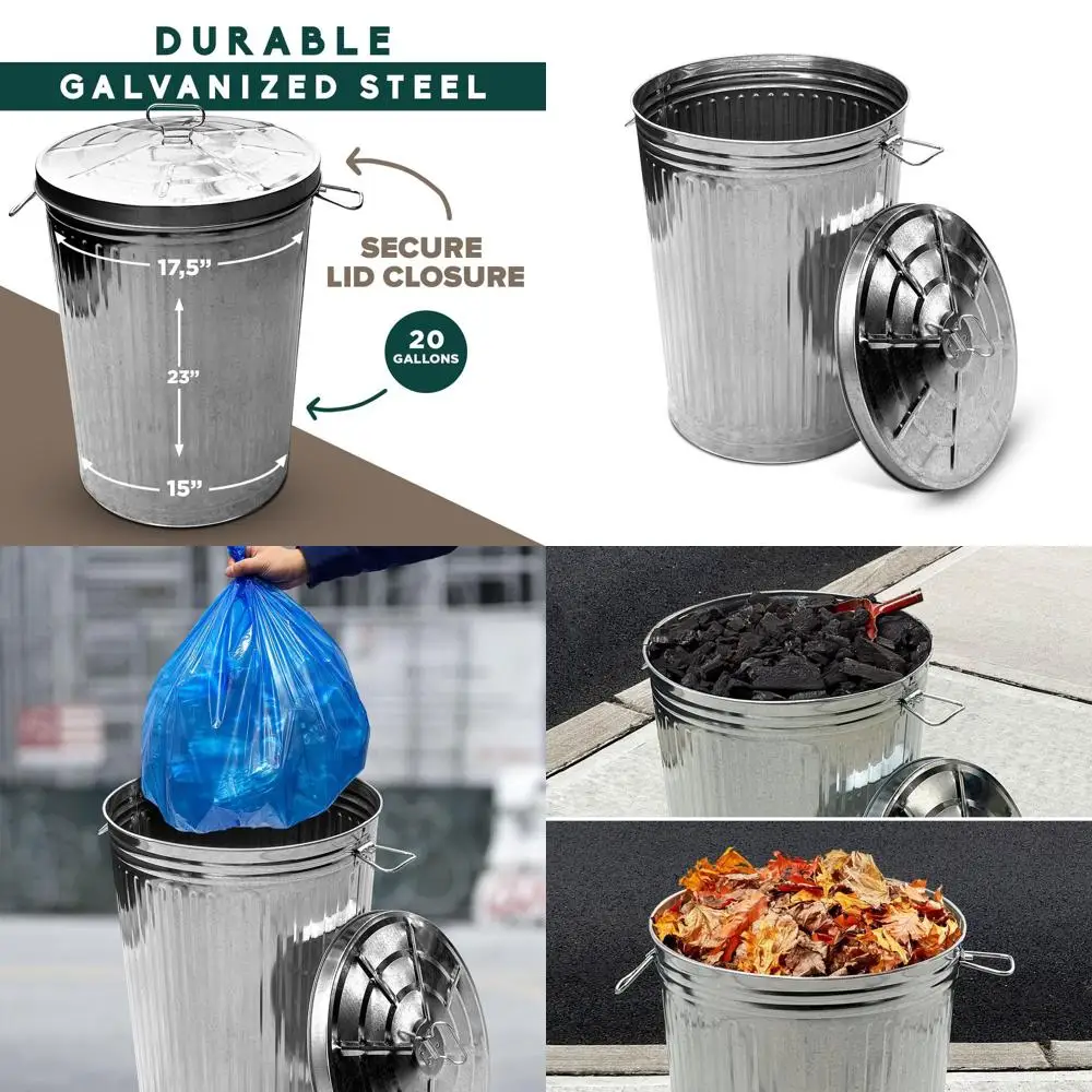 

20 Gallon Outdoor Galvanized Steel Trash Can with Lid, Silver