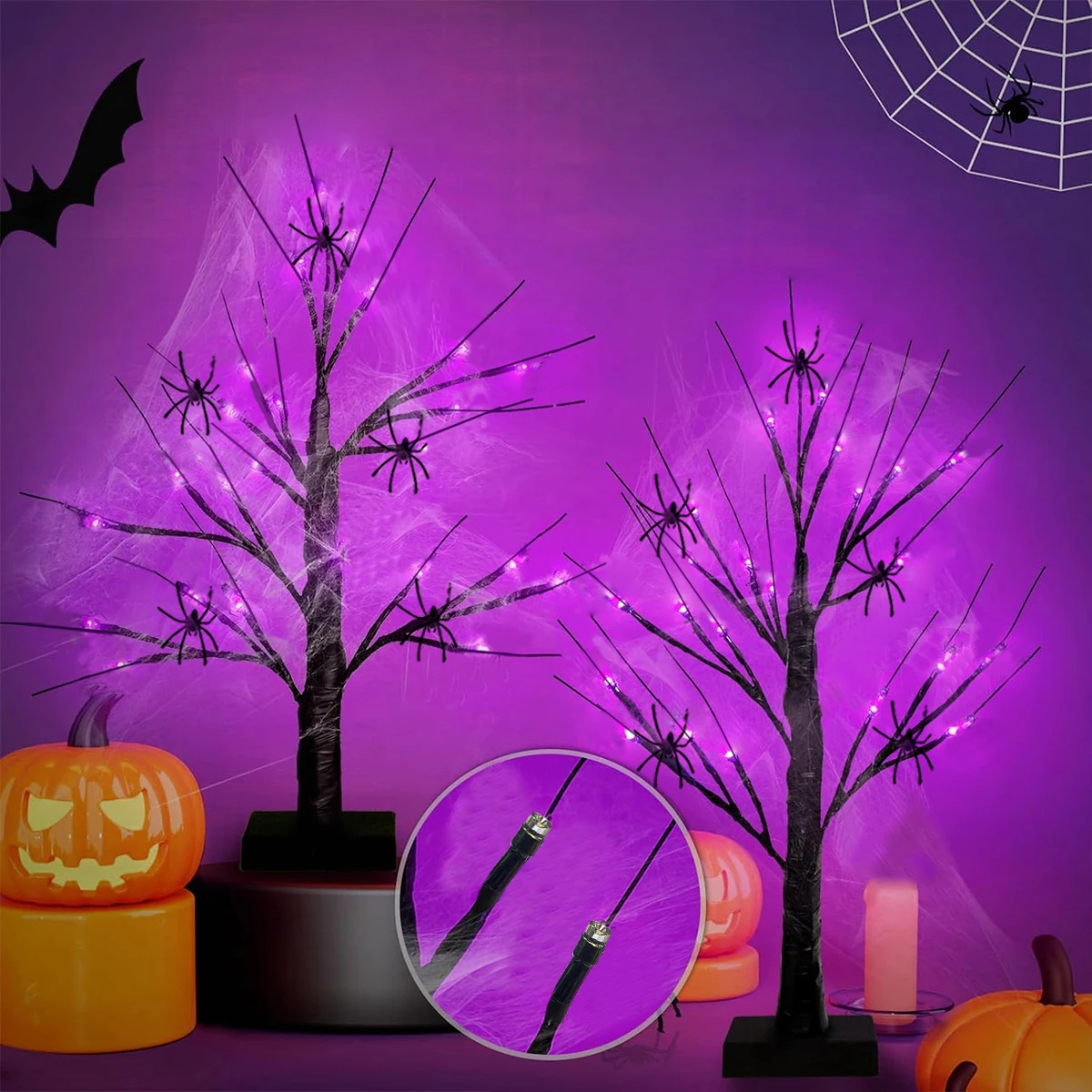 1 Set 24LED Halloween Black Birch Tree with Spider & Stretch Cobweb Purple Table Lights For Home Indoor Party Halloween Decor