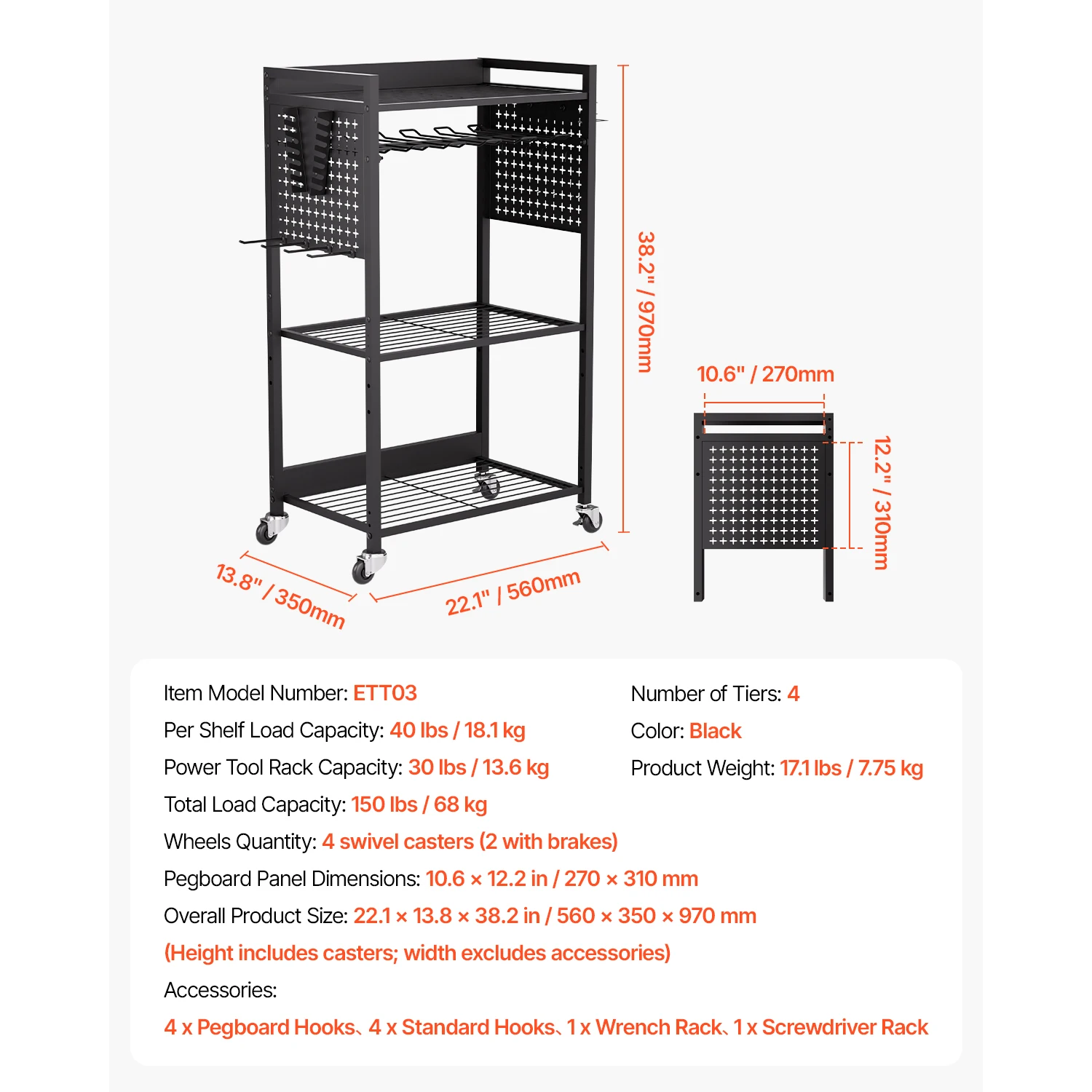 SucceBuy 4-tier Rolling Tool Organizer Winkelwagen 150 lbs Garage Vloerstandaard Opslagwagen op Wielen Boorhouder Rek voor Werkplaats