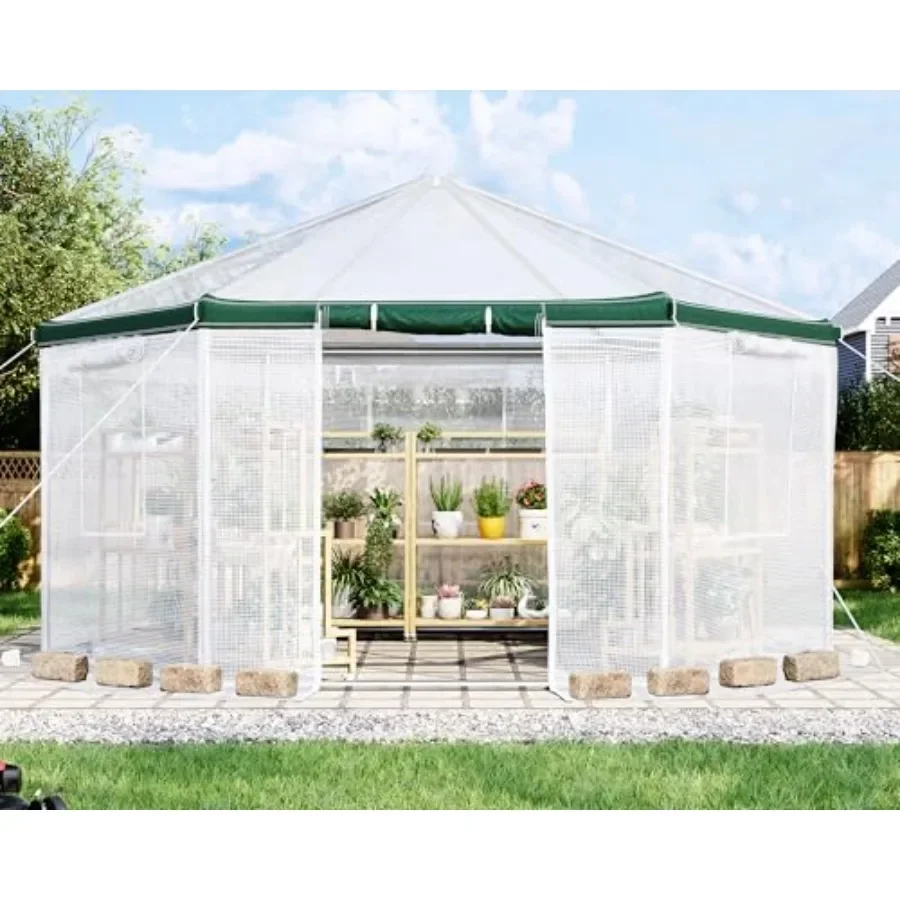 

AMERLIFE 13.5x13.5x9 FT Hexagonal Walk-in Greenhouse for Outdoors Heavy-Duty Greenhouse with Windbreak Ropes Waterproof PE Cove