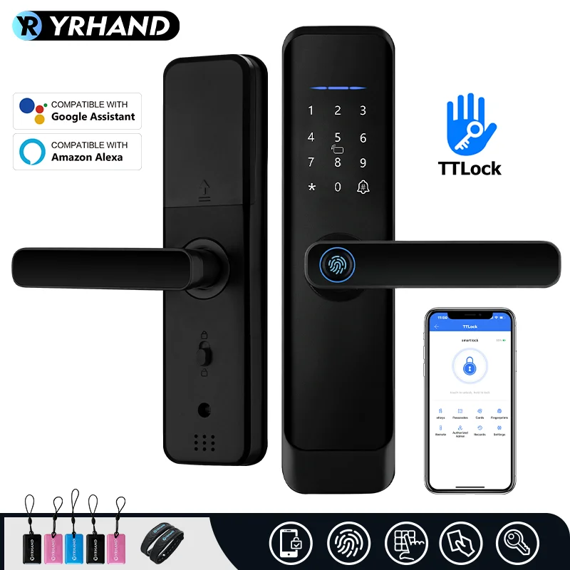 YRHAND-Fingerprint Door Lock para Casa, Matt Black, TTLock, Smart App, Cartão de Código, Chave, Segurança Digital, Fechadura Eletrônica, Segurança