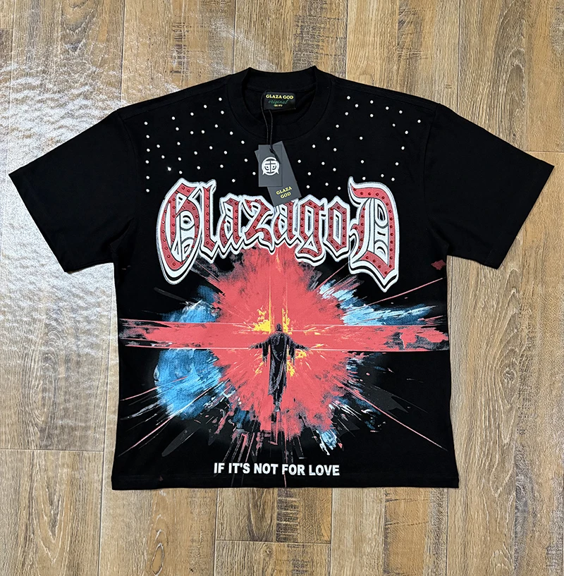 2026 New Glaza God Print T Shirt Men Rhinestone Studded Short Sleeve Tees Y2K Hip Hop Street Jesus Cross Oversized Cotton Tops