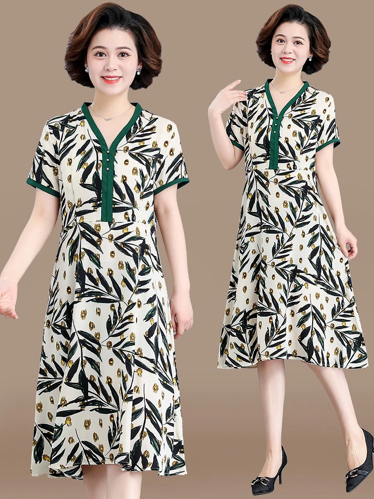 

Elegant V-Neck Short Sleeve Dress for Middle-Aged Mothers Fashionable Mid-Late Life Women's Clothing Summer New Arrival