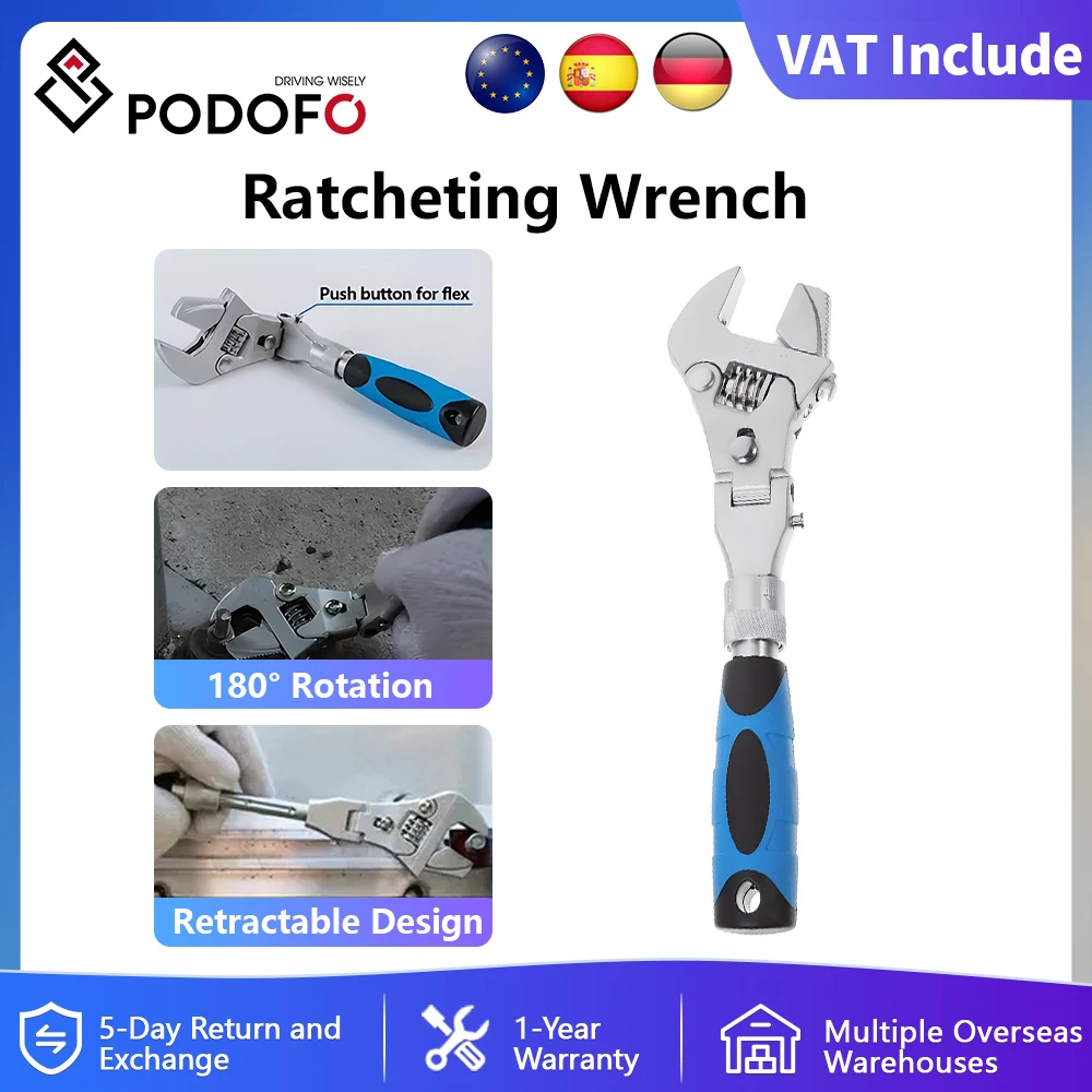 Adjustable Torque Wrench 180 Degree Folding Ratchet Wrench Household Maintenance Pulley Wrench 5 In 1 Spanner 10 Inch