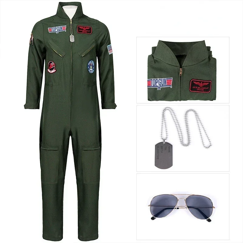 Top Gun Pilota Uniforme Primavera Autunno Bambino Adulto Uomo Tuta Cosplay Verde Tutina Sport Giorno Spettacolo di gruppo Costume di scena Halloween