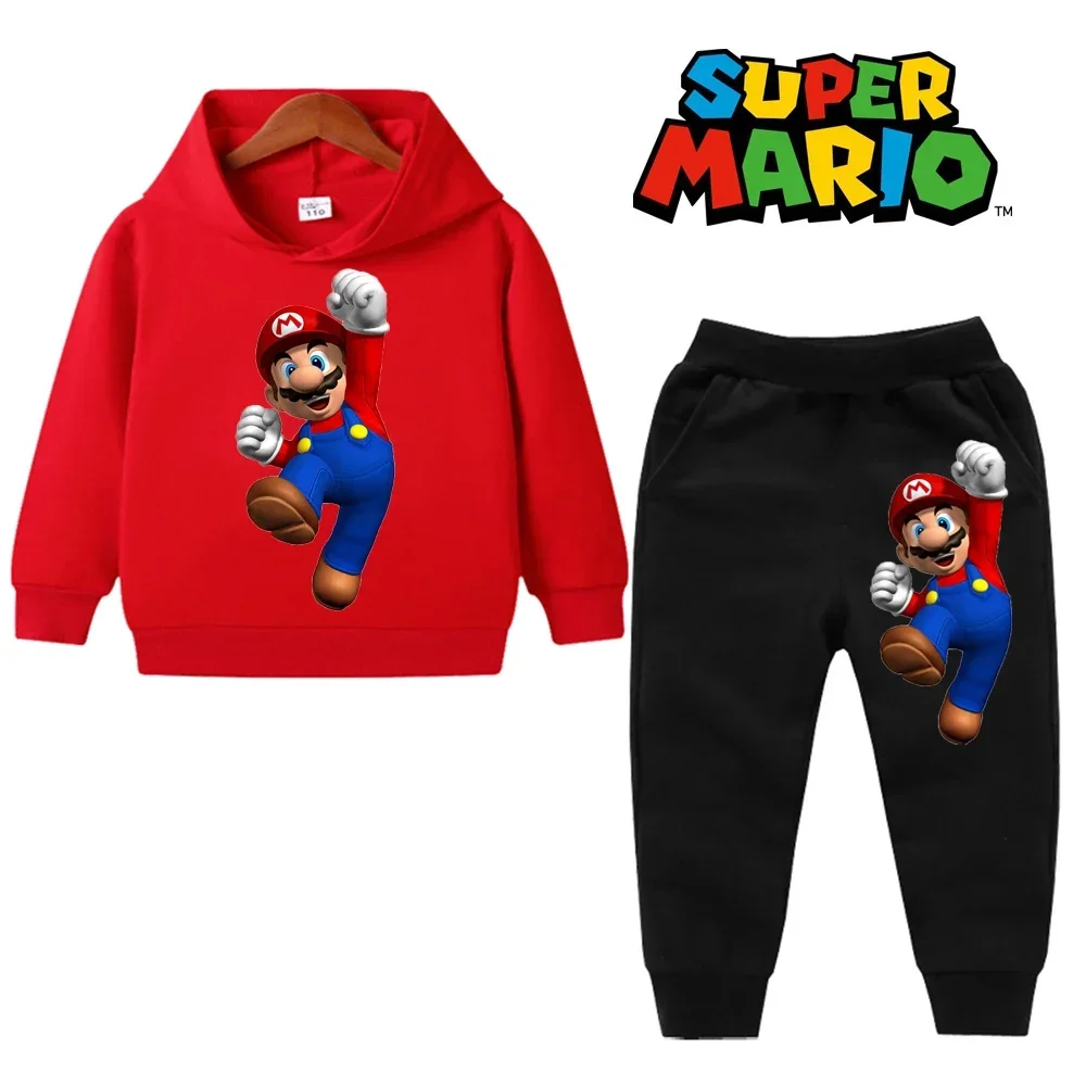 uper Mario Bros Boy Girl Hoodie Suit Spring Autumn Kids Hooded Sportswear Setspants Boys Pokemon Clothes 2-14 Years Children\'s