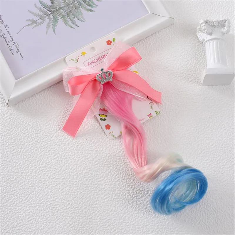 Glitter Candy Color Wig Ponytail for Girl Sweet Princess Shiny Bow Wig Braided Hairpin Cute Kids Hair Styling Headwear