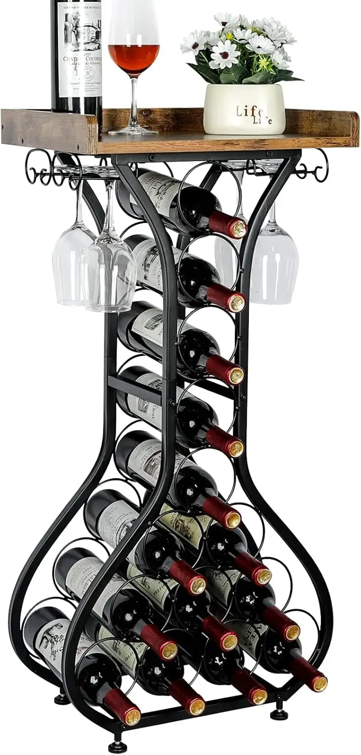 

Freestanding Wine Rack with Glass Holder, Holds 14 Bottles for Home Bar Kitchen Living Room