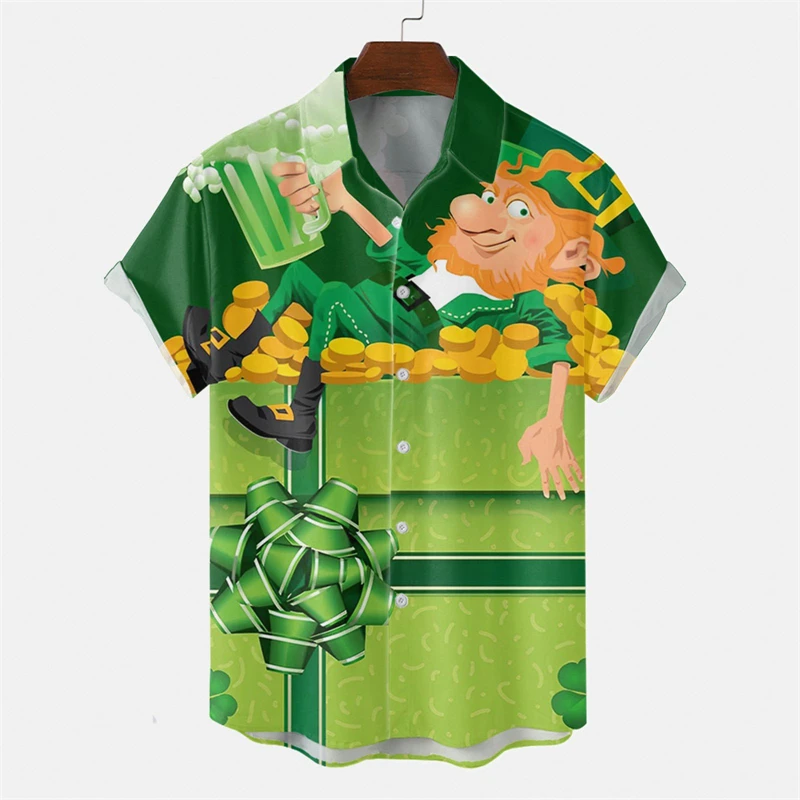 Mens Shirt Saint Patrick Festive Green Shamrock Print Lapel Short Sleeved Shirt Vintage Solid Shirts Cardigan Men's Blouses