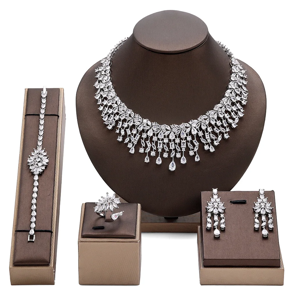Charm Women Cubic Zirconia Crystal Necklace Earrings Bracelet Ring Set Bridal Wedding Dinner Party Dress Jewelry Accessories