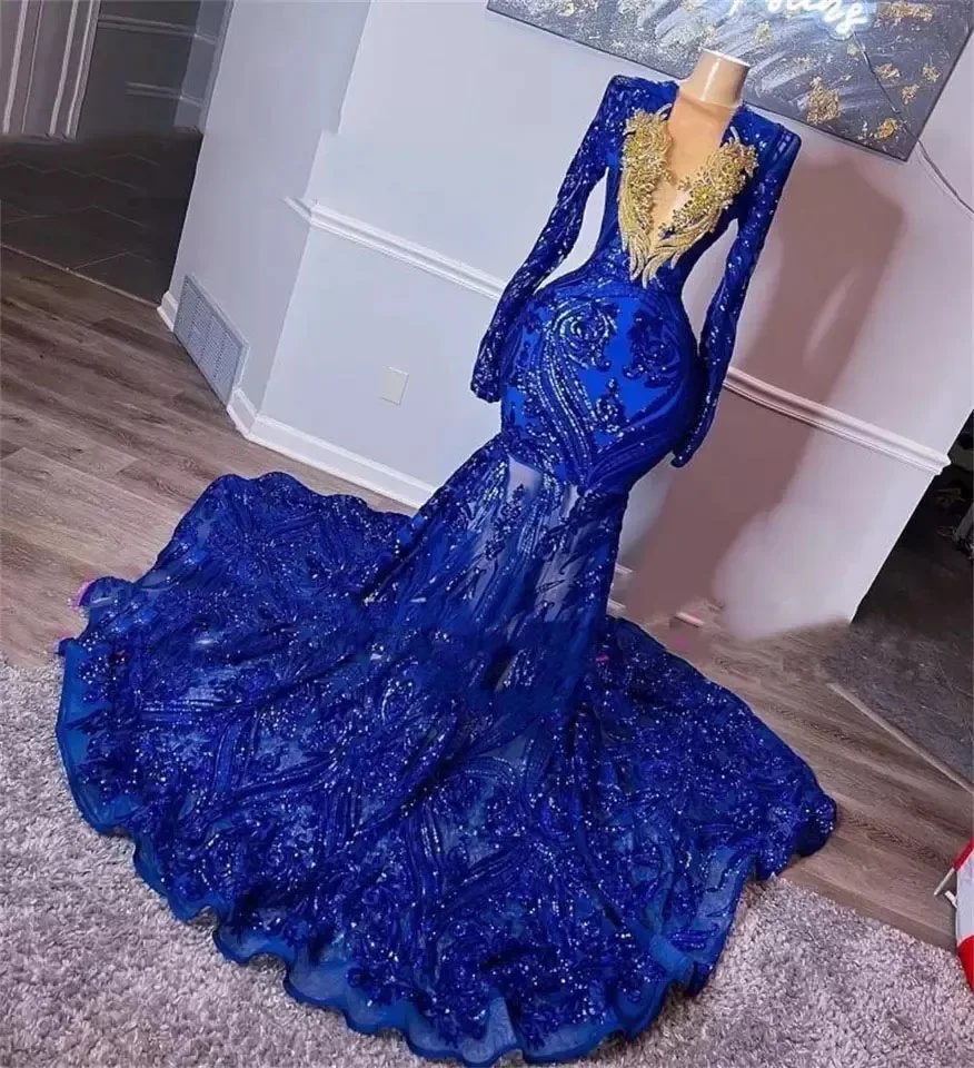 Royal Blue Mermaid Prom Dresses Luxury Black Girl Gold Beads Rhinestones Long Sleeve Women Formal Evening Gala Gowns Graduation