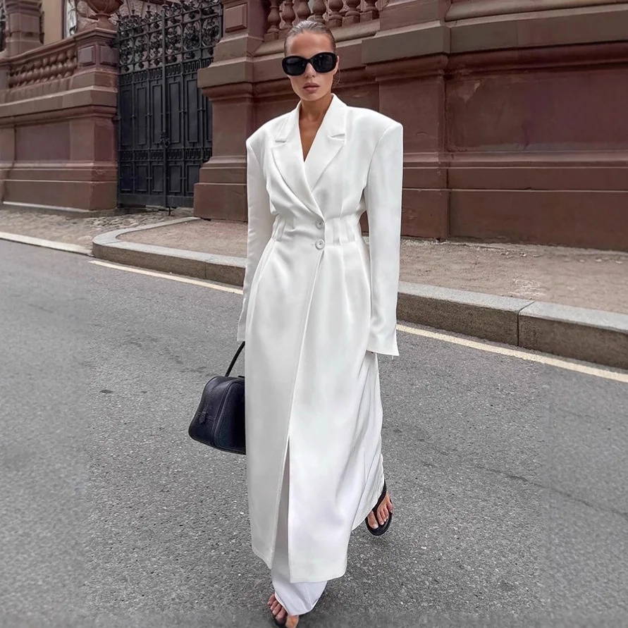 

Элегантное женское длинное пальто с талией, свободное однотонное однобортное пальто с v-образным вырезом и длинными рукавами, женская осенняя модная куртка для женщин