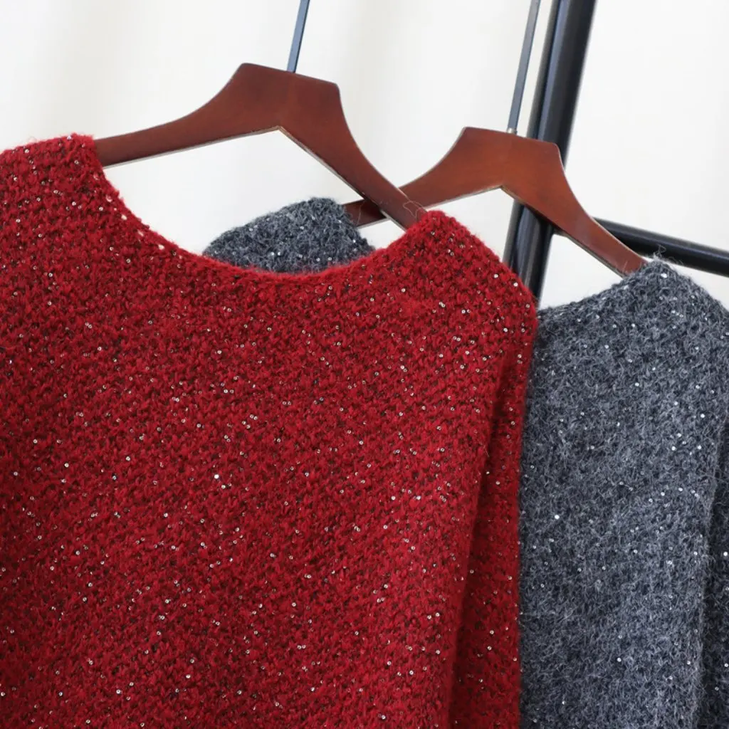 

Women's Red Sequins Mid-Length Pullover Sweater Spring Loose Lazy Style High-End Top Fashion Trend Open Cardigan