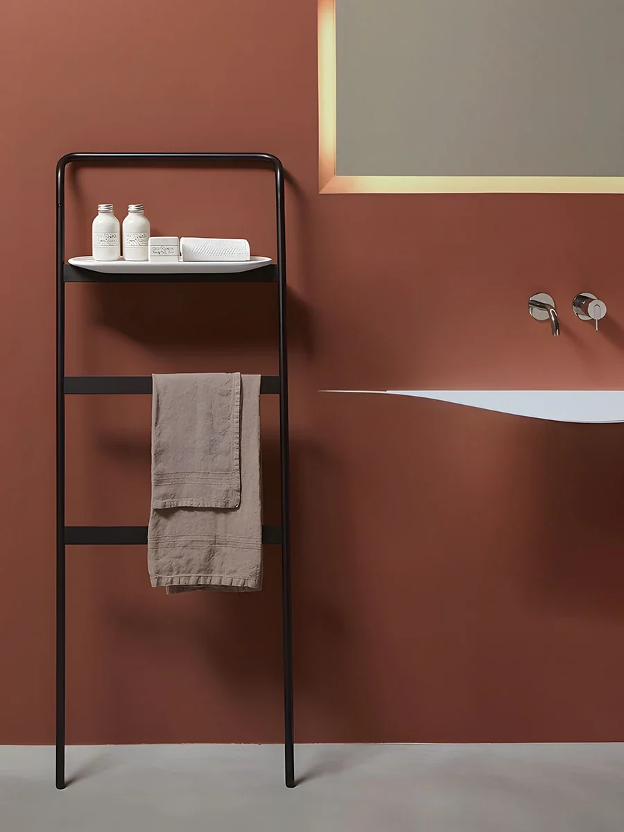 

Nordic non-punching vertical white stainless steel towel rack bathroom simple black floor trapezoidal towel