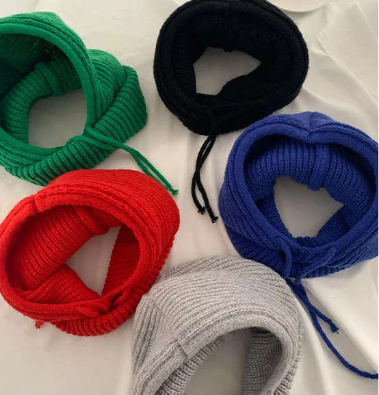 Winter-Damenhüte, Unisex, gestrickt, mit Kapuze, Halskragen, Mütze, Beanie für Männer und Frauen, einteilige Hüte mit Kordelzug, wärmende Sturmhaube – Detail 2
