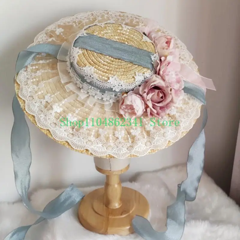 652F Ruffle Lace Flower Staw Hat for Women Headdress Gorgeous Hair Accessories