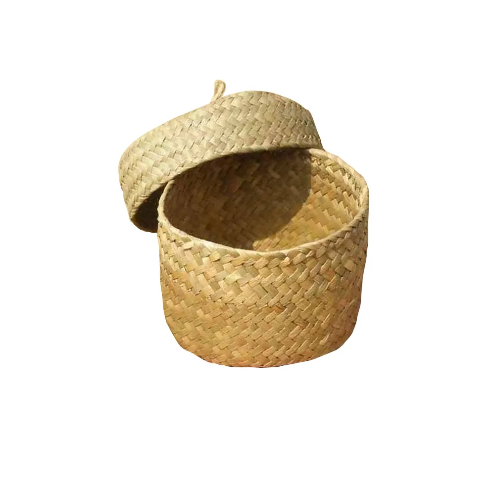 Caixa de armazenamento de vime artesanal, cesta redonda para guarda-roupa e flores de vime