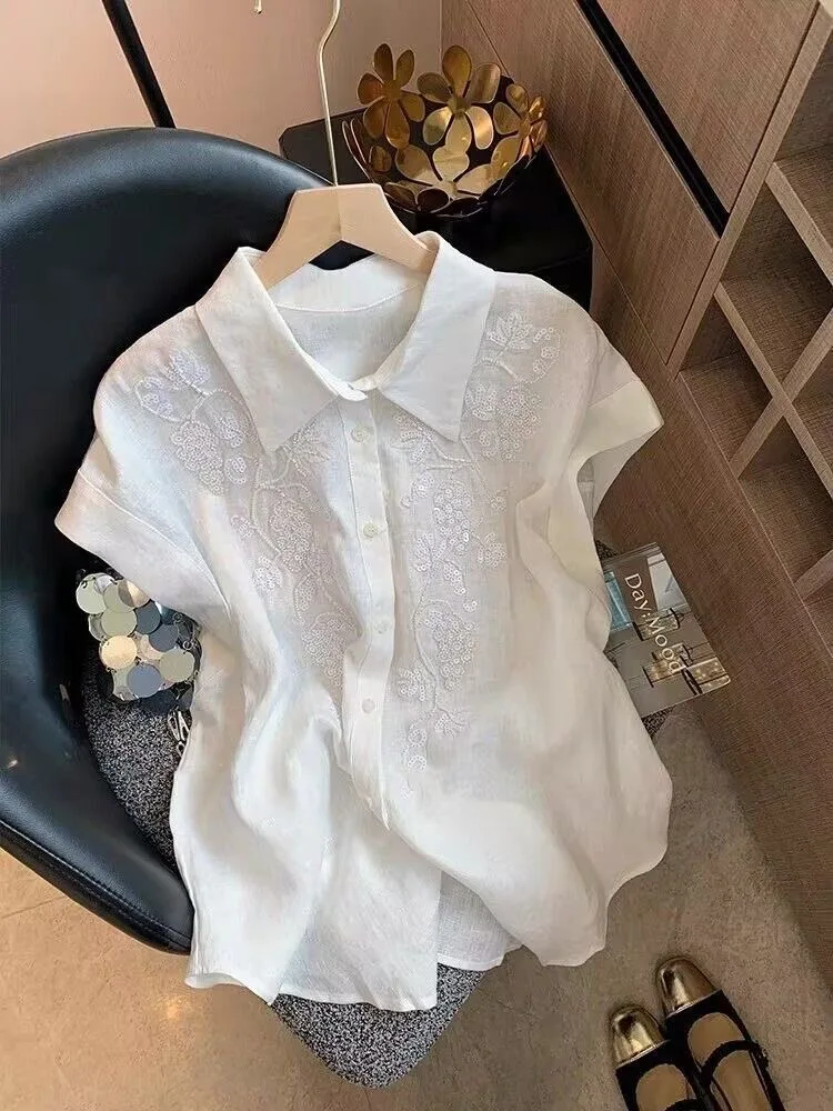 

Elegant Heavy Embroidery Short Sleeve Collar Women's Shirt Casual Summer Breathable Cotton Blend Comfortable Fit