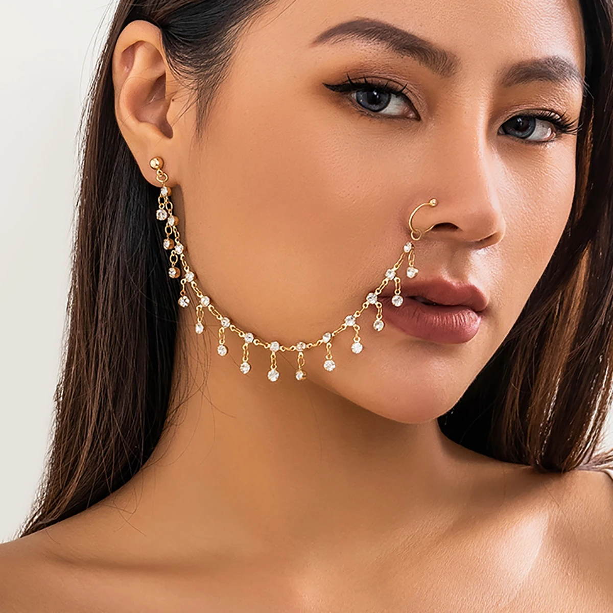 Lacteo New Trendy Nose Ring Clip Ear Stud Rhinestone Charm Fake Nostril Cartilage Piercing Body Jewelry for Women Party Gift y2k