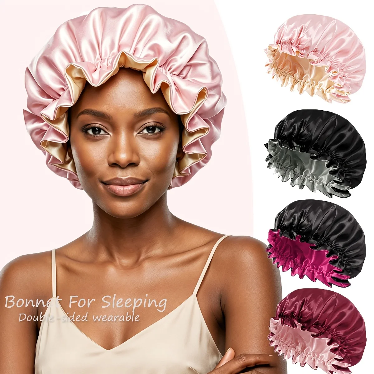 1 Stück Zweifarbige Satin-Schlafmütze Seiden-Bonnet zum Schlafen Satin-Bonnets Doppellagige Wendbare Haarkappe für Frauen mit Langen Lockigen Zöpfen – Detail 1