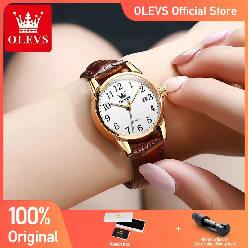 

Часы OLEVS женские кварцевые, водонепроницаемые до 50 м, с кожаным ремешком