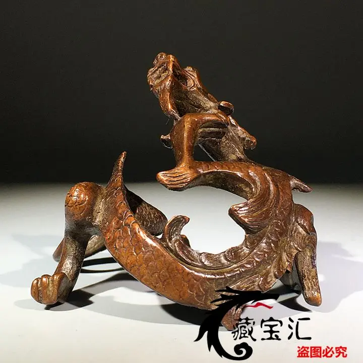 Retro Bronze Dragon Brush Rest Patina Old Copper Stationery Holder Antique Scholar Pen Stand Collectible