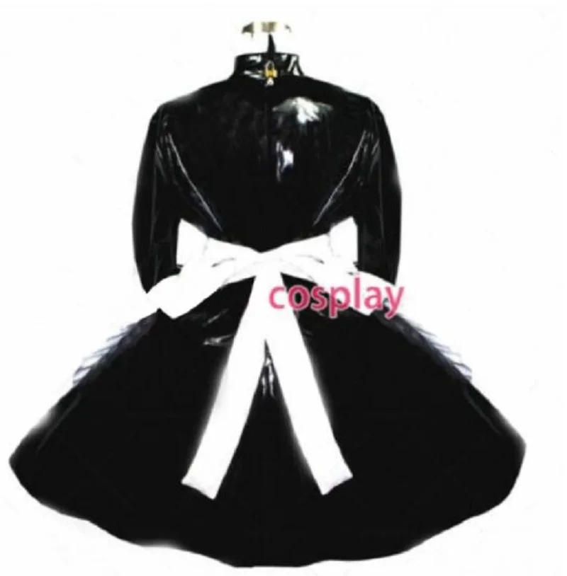 French Sissy Black PVC Lockable Mid Neck Long Sleeve Ruffle Party Apron Two Piece Dress Set Custom Dress